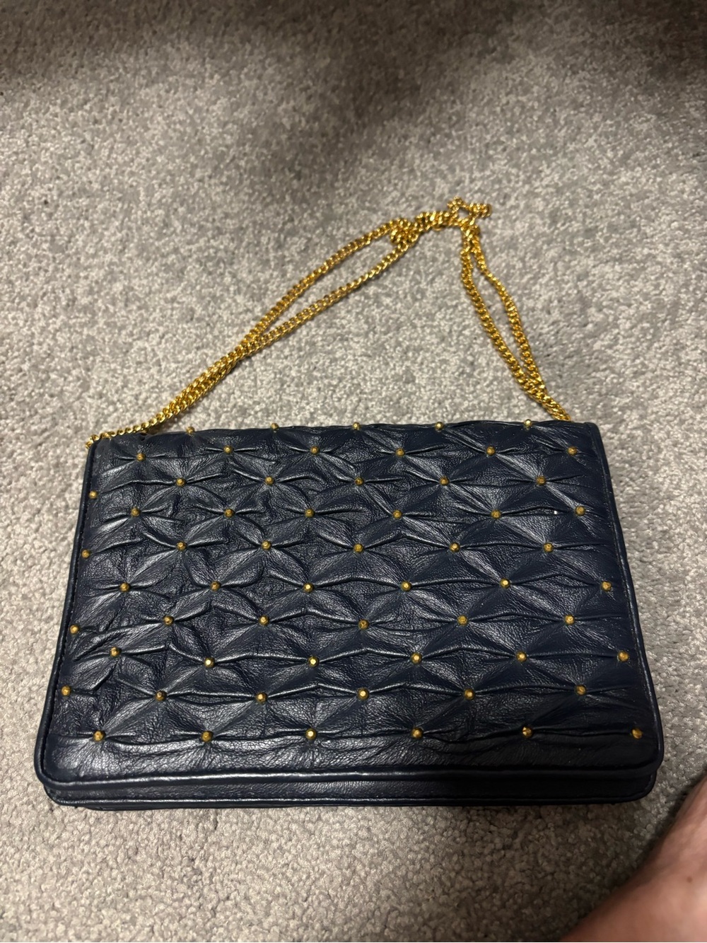 Studded Quilted Navy Wristlet Clutch with Gold Chain